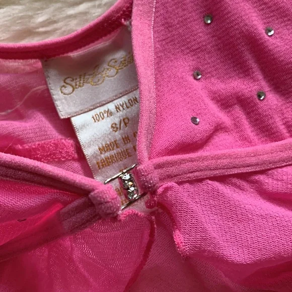 Silk&Satin pink sheer sparkling crystals open front chemise babydoll cami S - Picture 7 of 13